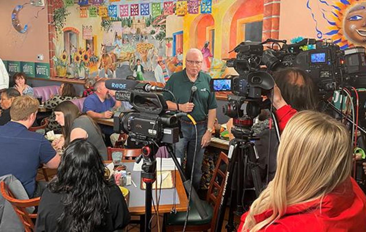 AFSCME President Lee Saunders speaks to the media before AFSCME's Nevada caucus event. 