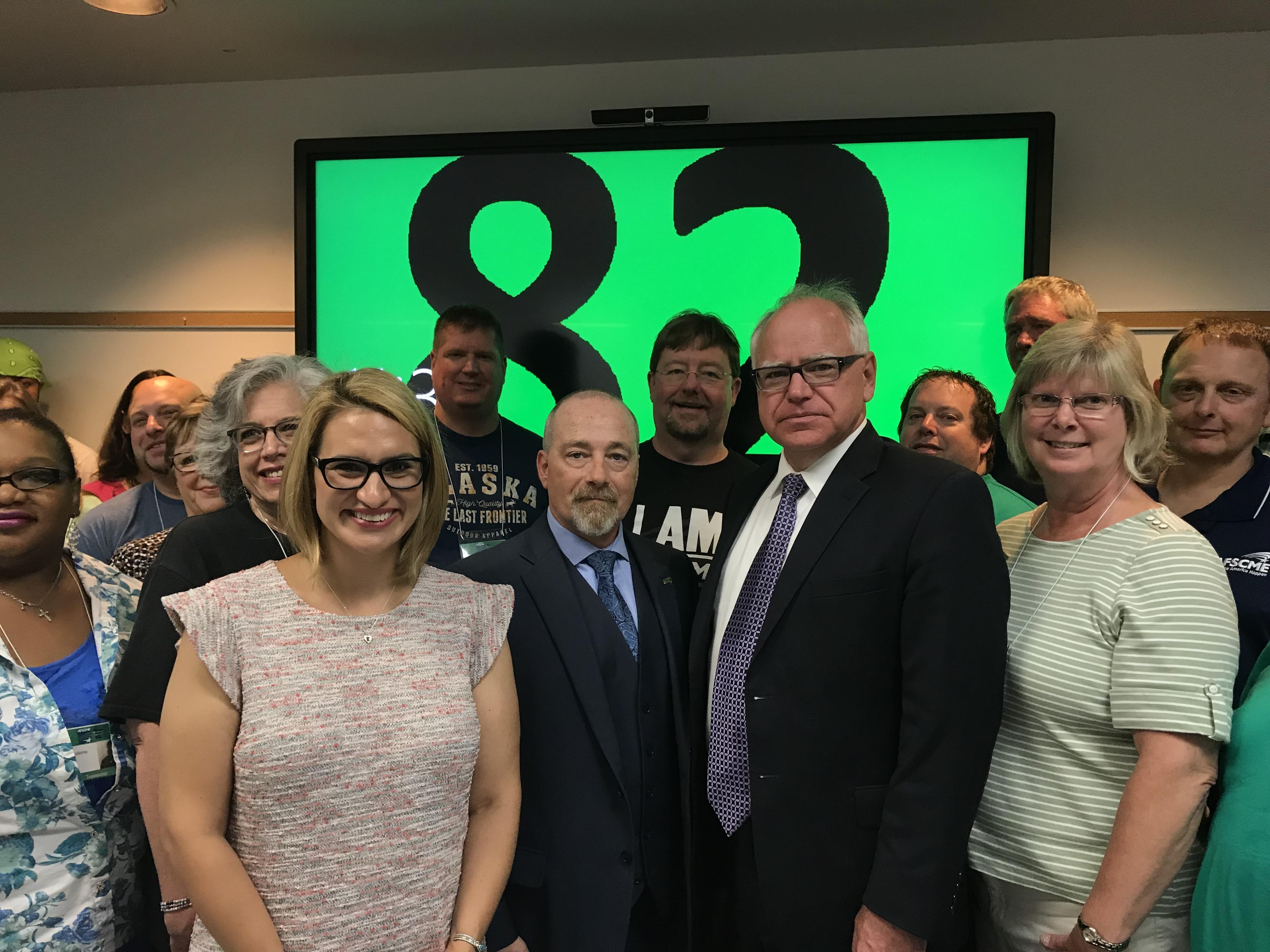 Tim Walz, Peggy Flanagan and AFSCME members celebrate our endorsement of Walz/Flanagan for Governor and Lt. Governor